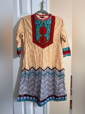 Neutral Boho Embroidered Tunic with Turquoise & Red Accents
